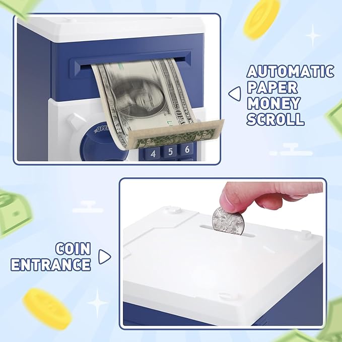Piggy Bank for Girls Boys Large Electronic Money Coin Banks with Password Protection, Automatic Paper Money Scroll Saving Box, Great Gift for Kids(Blue-White)