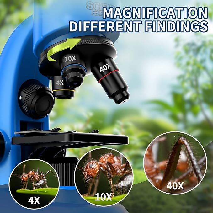 Microscope for Kids Scientific Experiment Kit 40X-1600X Magnification LED Light Educational STEM Kit with Slides and Lab Tools (Blue)