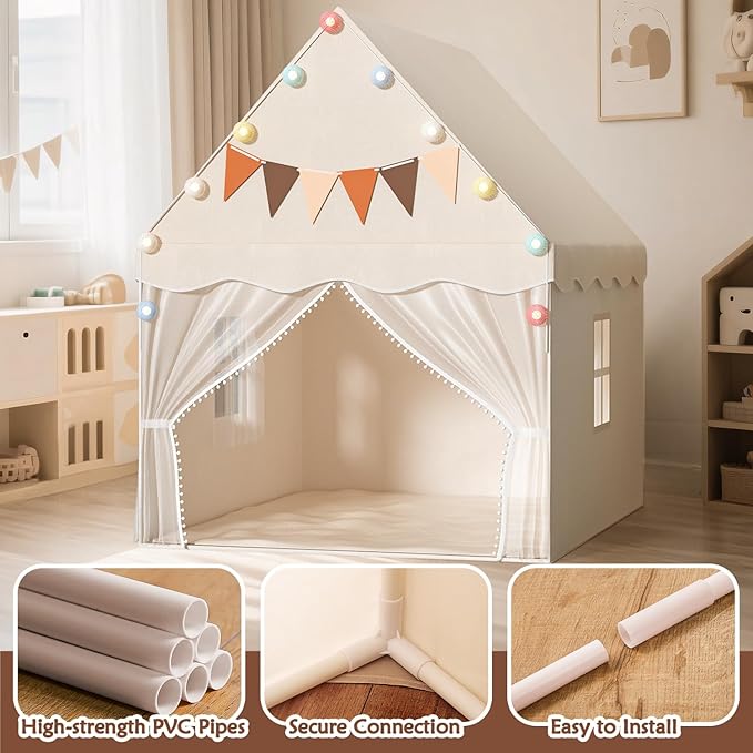 EagleStone Kids Play Tent with Star Light and Padded Mat, Playhouse for Kids, Neutral Color Play Room Furniture, Indoor Bed Tent Gift Toys for Toddle 3,4,5,6-Year-Old Girls,Boys, Girls,