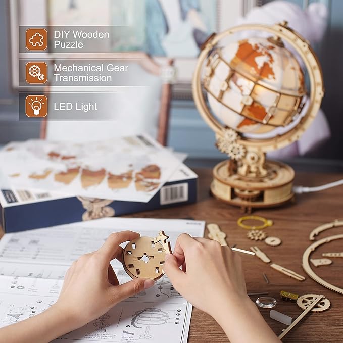 ROBOTIME ST003 Luminous Globe - Wooden 3D Puzzles for Adults with LED Light - Globe Model Building Kit for Teens & Adults