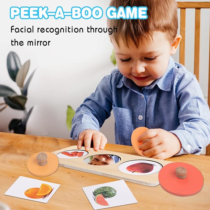 Baby Puzzles 12-18 Months - Montessori Multiple Shapes Knob Wooden Puzzles for Toddlers 1-3 - Peekaboo Photo Puzzle with Baby Mirror & 10 Real-Life Cards