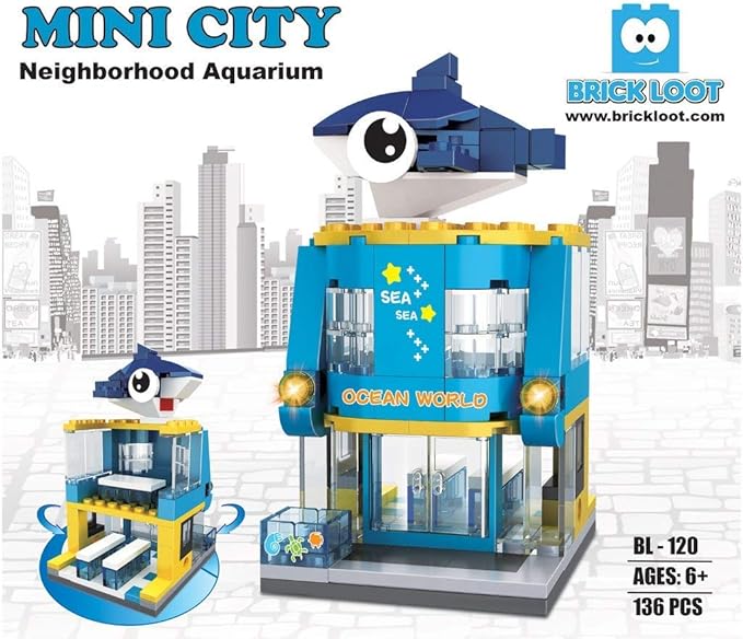 Brick Loot Mini City Aquarium Building Set – 136-Piece Lego-Compatible Two-Story Ocean World Storefront, Modular Mini Bricks Kit with Dolphin & Tanks, ABS City Blocks for Kids & Adults, Display Model