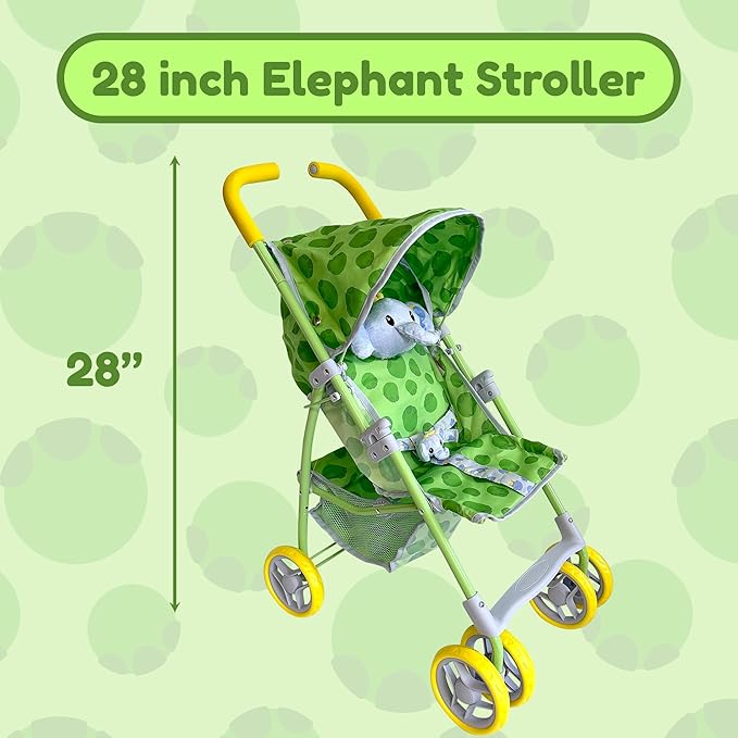 Baby Doll Stroller for Toddlers 1-3, Pillow Animal Toy Stoller for Dolls, Green Folding Baby Toy Stroller for Dolls, Foldable Baby Stroller Toy for Girls, for Kids (Elephant)