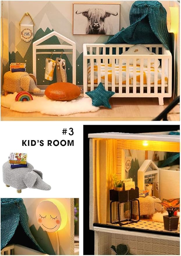 CUTEROOM DIY Miniature Dollhouse Kit with Furniture,Wooden Doll House with Music Movement & LED Lights, DIY House Kit Christmas Birthday Gifts - Comfortable Life