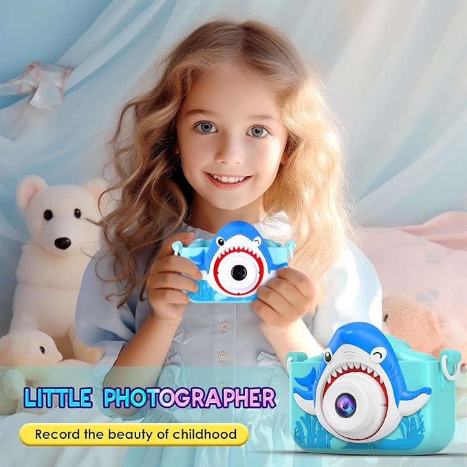 Shark Camera for Kids with Cartoon Silicone Cover, Digital Mini Camera Toys for 3 4 5 6 7 8 9 10 11 12 Year Old Boys Girls Birthday Chirstmas Gifts Ideas - Personal Video Players (Shark Blue)