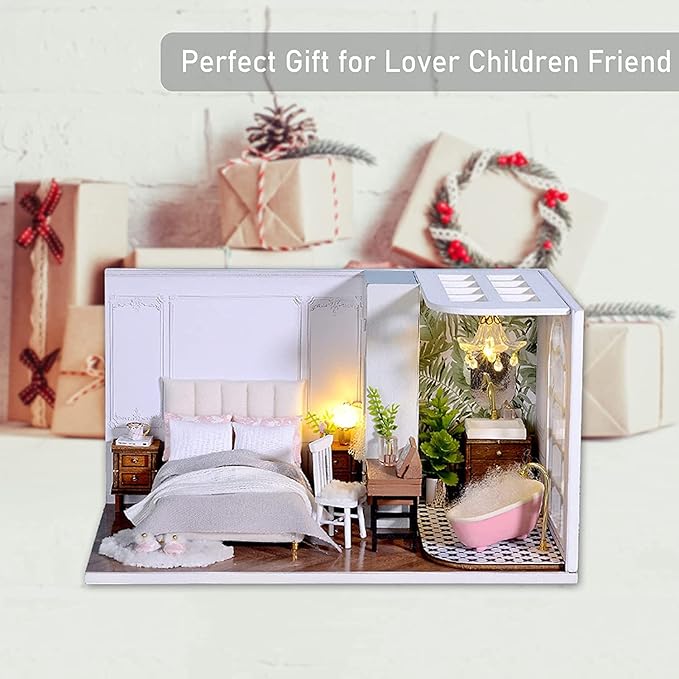 CUTEROOM DIY Doll Room Miniature Furniture Wooden House Kit - Wooden Dolls House Kit with Dust Cover & LED Light and Accessories - QT Series Dollhouse (QT011)