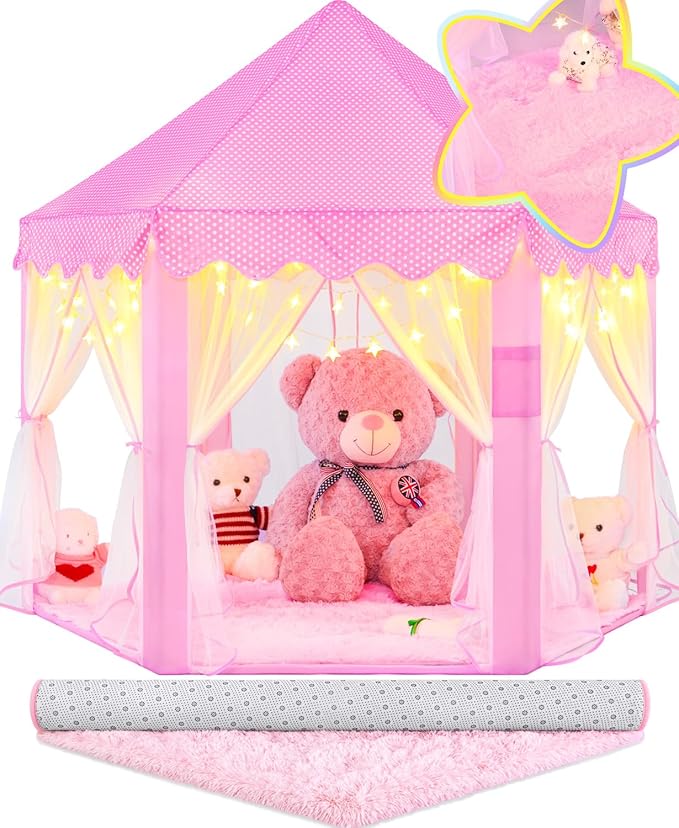 EVOIONOS Princess Tent with Lights and Rug, Play Tent for Girls, Kids Tent Indoor and Mat, Princess Castle Playhouse Tent for Girls, Pink Girls Tent for Toddlers, 55 x 53 inch Toy Tent