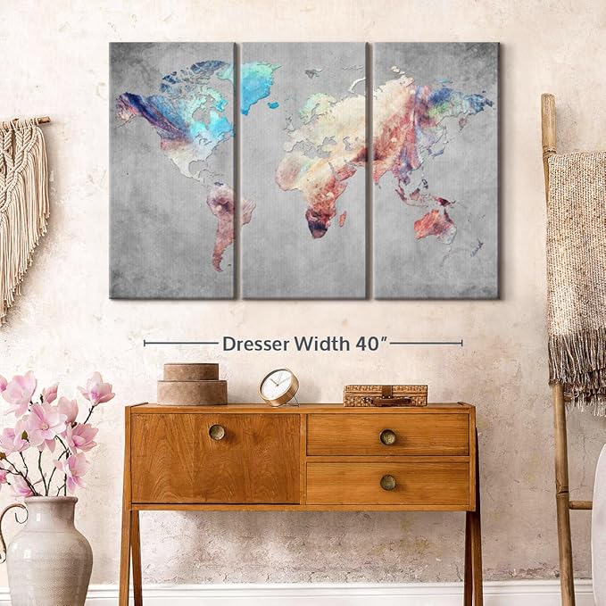 ElephantStock Artistic Touch World Map Multi Piece Canvas - 3 Panel Wall Decor - Map of the World Art - Canvas for the Office and Home - 50" X 32"