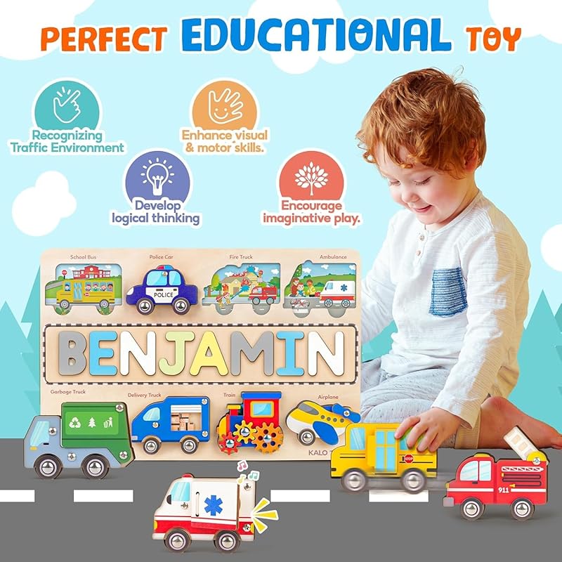 Personalized Wooden Name Puzzle for Toddlers 1-5 - Montessori Wooden Vehicle Sensory Toy, Custom Educational Gift for 2 Year Old, Cars & Trucks Toy for Toddlers, Ideal for Birthdays