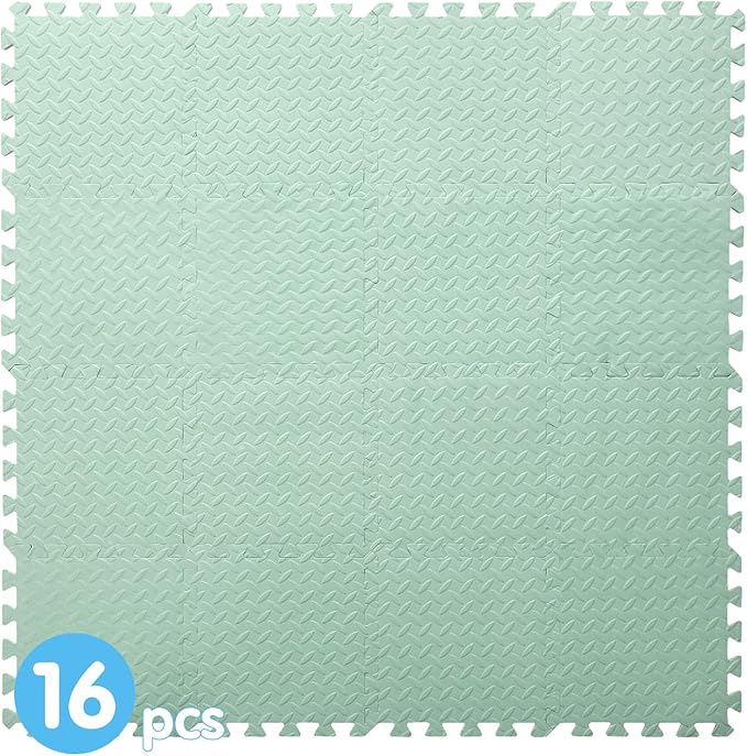Coolcandy EVA Foam Play Mat, 16 Tiles Colorful Baby Play Mat, Square Kids Playmat with Solid Colored, 0.4" Thickened Interlocking Foam Floor Tiles, Puzzle Play Mat For Baby Lying, Playing (Bean Green)