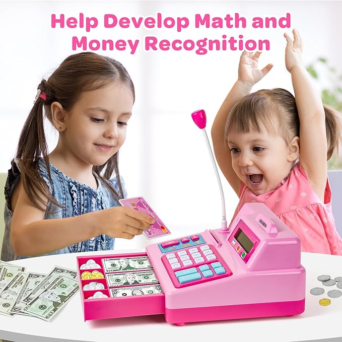 Calculator Cash Register Toy Gift for Kids Age 3, 4, 5, 6, 7, 8+ Year Old, 103 Pcs Grocery Store Playset with Microphone, Credit Card, Pink Cash Register Toy for Toddlers Kids 4-8