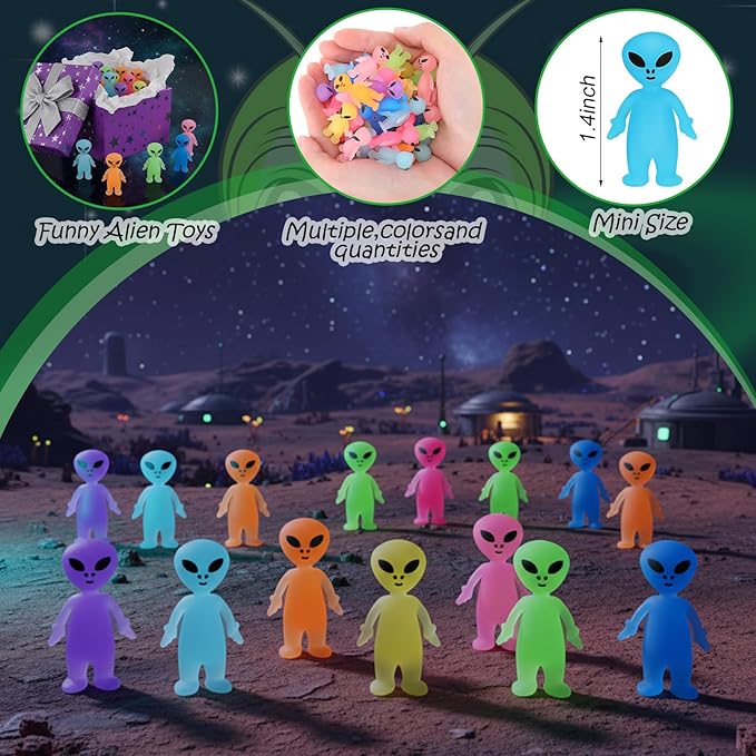 80 Pcs Colorful Mini Alien Figures Glow in The Dark Small Little Tiny Aliens Figurine to Hide and Seek for Space Party Favors Prank Gifts Halloween Party Goodie Bag Fillers, 8 Colors