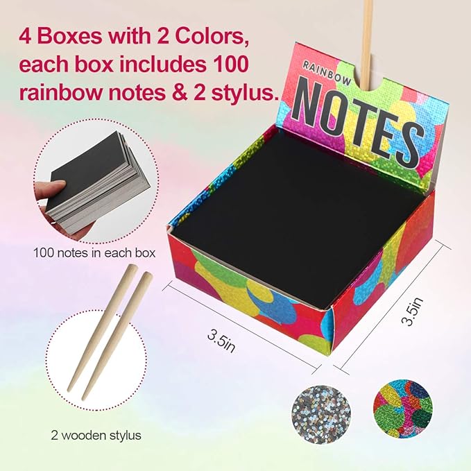 Mocoosy 400 Sheets Holographic Scratch Art Mini Notes for Kids, Glitter Rainbow Scratch Off Paper Arts Crafts Magic Scratch Note Cards Party Favor Supplies Goody Bag Stuffers Gift Box for Girls Boys