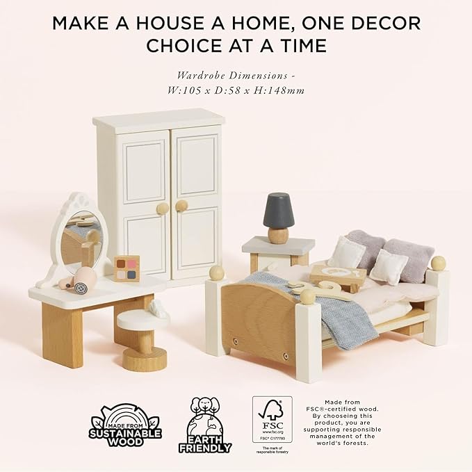 Le Toy Van - Wooden Daisylane Master Bedroom Dolls House | Accessories Play Set For Dolls Houses | Girls and Boys Dolls House Furniture Sets - Suitable For Ages 3+, ME057