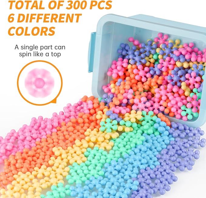 300PCS Interlocking Snowflake Building Block Toy for Kids Ages 3+, Multi-Color Solid Plastic Early Learning Creativity Educational STEM Toy with Carrying Case Safe Material (Macaron Colors)