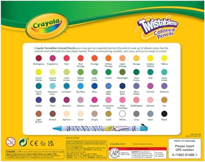 Crayola Twistables Colored Pencil Set (50ct), Stocking Stuffer for Kids & Teens, No Sharpen Colored Pencils For Kids Coloring Books, Drawing & Sketching, 4+