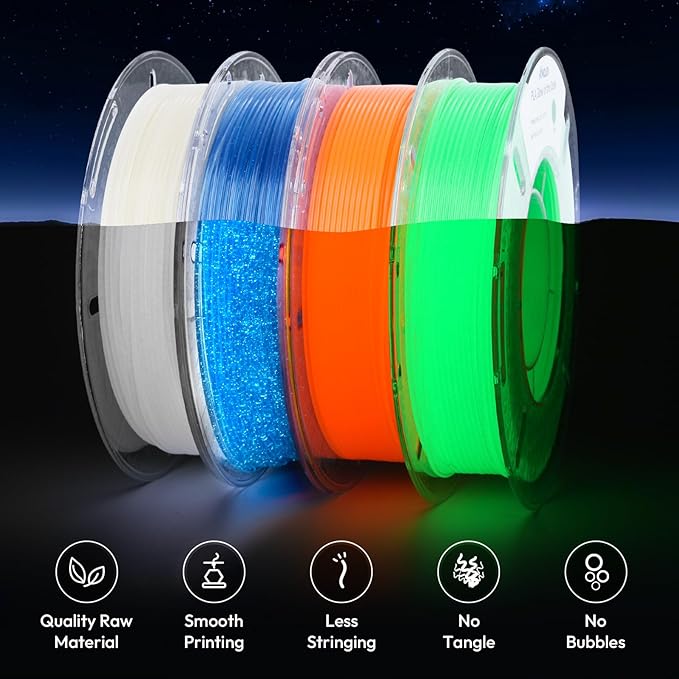 AMOLEN Glow in The Dark 3D Printer PLA Filament Halloween Bundle, Glow Filament Shiny Firefly Blue, Orange, Green and White, 1.75mm PLA Filament, Dimensional Accuracy +/- 0.02 mm, 200g X 4 Pack