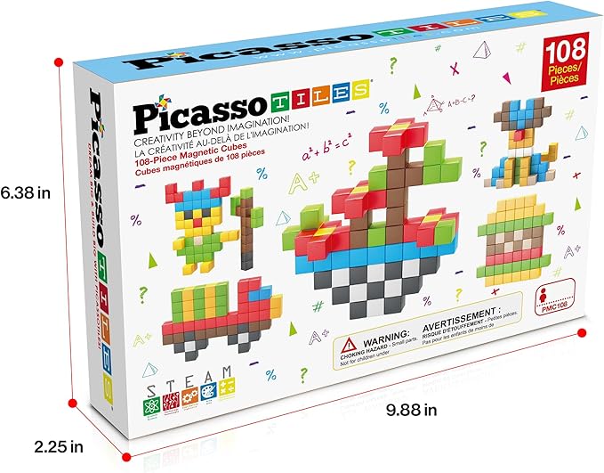 PicassoTiles 108pcs 1” Magnetic Puzzle Cubes Magnet Toys Preschool Construction Building Block Set Sensory Toy Early Education STEM Learning Come with Ideabook for Children Age 3+ Boy Girl PMC108