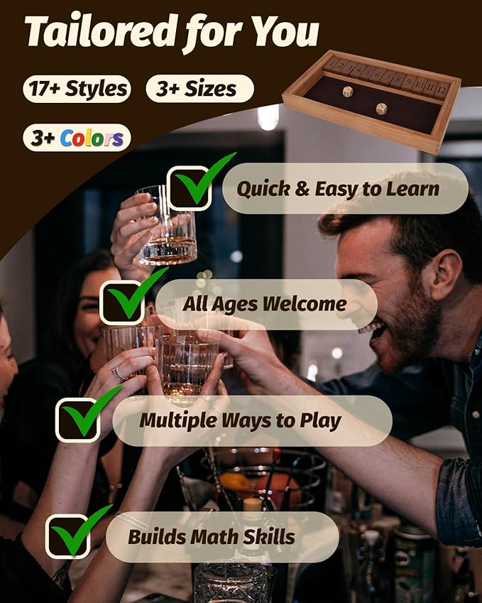 Deluxe 2-8 Player Original Shut The Box Game, Math Dice Board Game for Family Night Classroom Travel, Wooden Classic Table for Group Kid Adult Senior Travel Party Bar Easy Quick and Fun