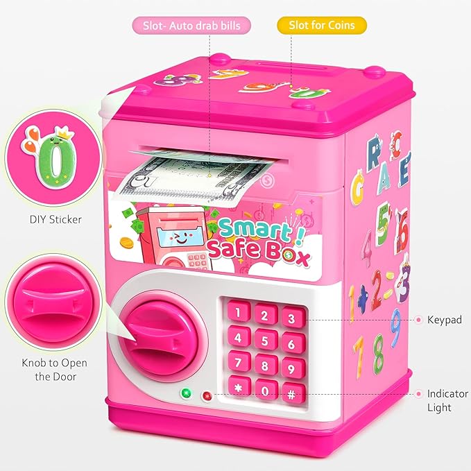 ATM Piggy Bank for Boys Girls, Vcertcpl Mini ATM Coin Bank Money Saving Box with Password Code, Kids Safe Money Jar for Real Money with Auto Grab Bill Slot, Great Gift Toy Bank for Kids (Pink)