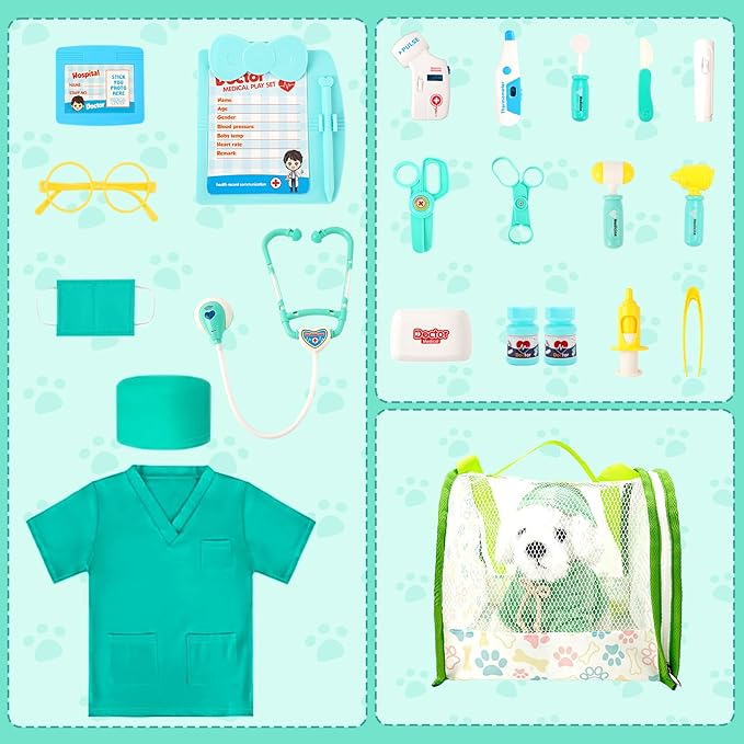 Doctor Kit for Kids, Pretend Play Doctor Play Toys for Toddlers 3-5 with Plush Dog, Stethoscope, Carring Bag, Veterinarian Pet Care Role Play Vet Set Birthday Gift for Girls Boys Aged 3 4 5 6 7 Years