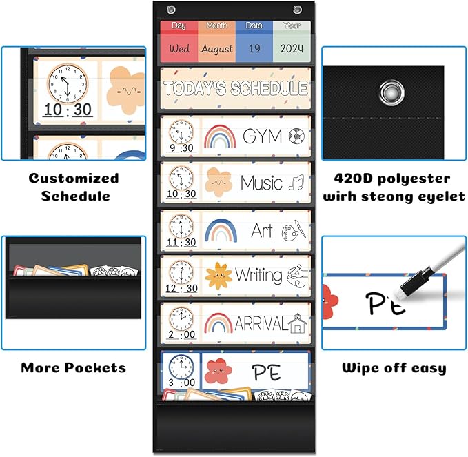 Daily Schedule Pocket Chart, Emotions Feelings Pocket Chart for Kids, Visual Schedule Chart Attendance Pocket for Classroom Office Preschool Activity(Lesson and Feeling Pocket-Black)