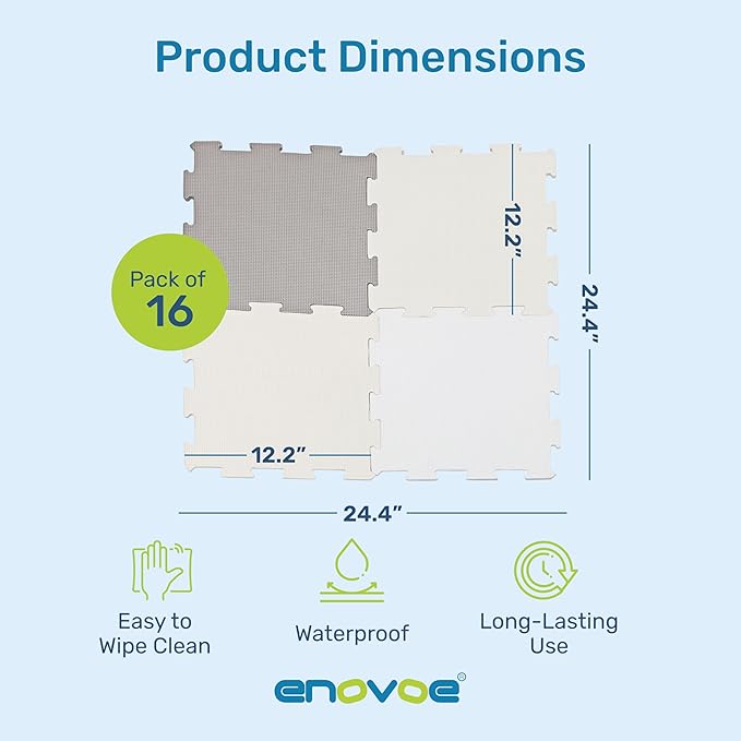 Enovoe Soft Baby Play Mat - Non-Toxic, Interlocking EVA Foam Tiles, 16 Pieces - Safe, Cushioned Floor Play Area for Kids, Infants & Toddlers - Ideal for Playrooms, Nurseries, and Home Gyms (12" x 12")