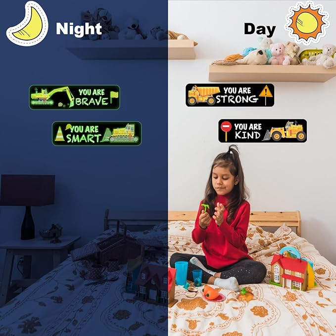 4 PCS Construction Wall Decals Glow in The Dark，Construction Stickers Toddler Room Decor for Kids Baby Nursery, Boys Glowing Motivational Wall Art Inspirational Sticker
