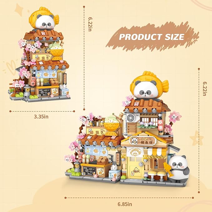 Japanese Street View Taiyaki Shop Mini Building Blocks, MOC Creative Building Toys Cute Panda Building Set for Kids 6-12, Simulation Architecture Construction Toy, Gift Idea for Kids Adults (858 PCS)