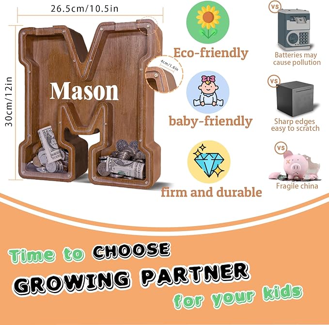 Wooden Letter Piggy Bank for Kids Larger Letter Piggy Bank for Boys and Girls Personalized Piggy Bank Initial Coin Bank Wood Kids Money Bank for Birthday and Festival