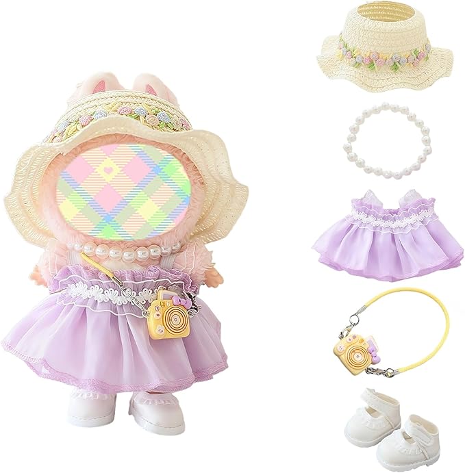 Clothes for Dolls Accessories, Outfit Set 5 Pieces Gauze Dress for 15cm 17cm Doll (No Doll), Romantic Hat Skirt Shoes Doll Clothing Set Replacement Purple