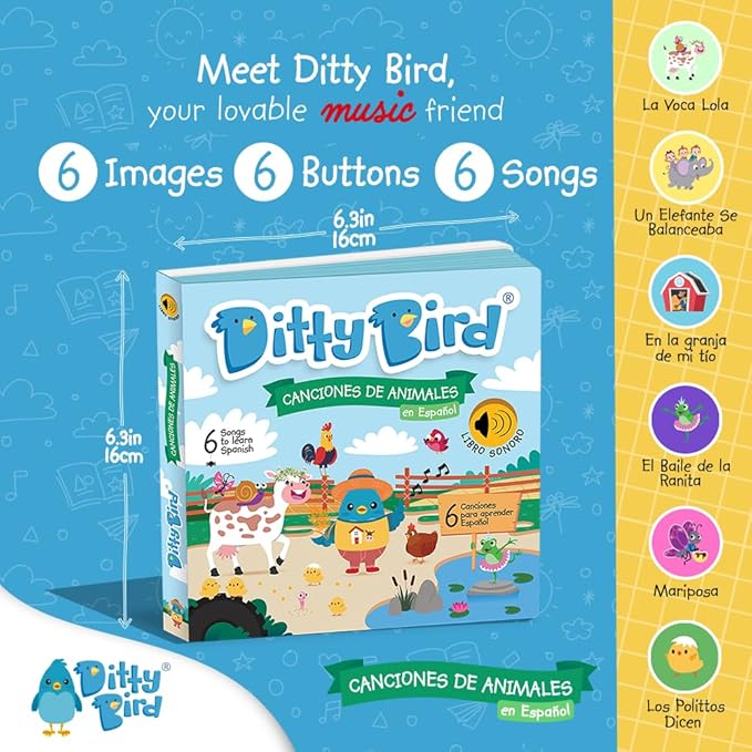 Ditty Bird Spanish Nursery Rhymes Book | Animal and Bedtime | Spanish Bilingual Musical Books for Toddler | Fun, Interactive Sound Books for Babies | Libro En Español para Bebés