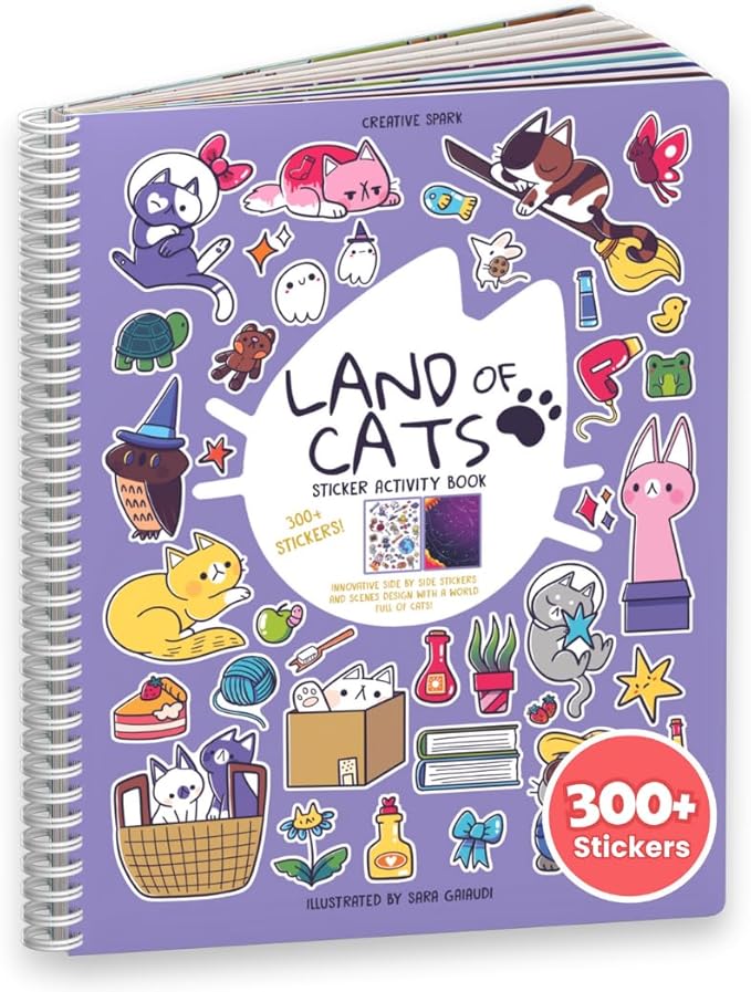 Land of Cats Sticker + Coloring Book (300+ Cat Stickers for Kids & 8 Scenes) by Cupkin, Side by Side Activity Book Design, Cat Sticker Books Kids Ages 4-8, Also Great for Older Boys & Girls