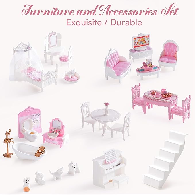 ROBOTIME Wooden Dollhouse, Doll Houses Playset with 24 Pcs Furniture for 4, 5, 6-Inch Dolls, Dollhouse Gift for 3+ Year Old Girls (Pink)