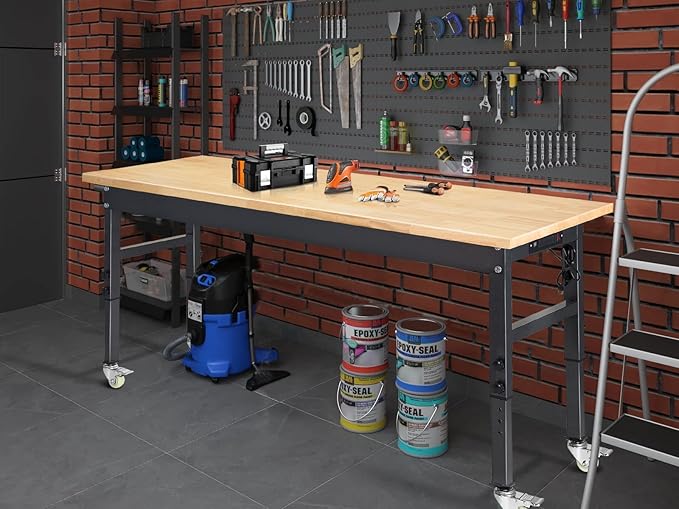 60" Adjustable Work Bench, Rubber Wood Top Workbench Heavy-Duty Work Table with Power Outlet with Wheels, 2000 LBS Load Capacity Hardwood Work Benches for Garage, Workshop, Home, Office, Easy Assembly