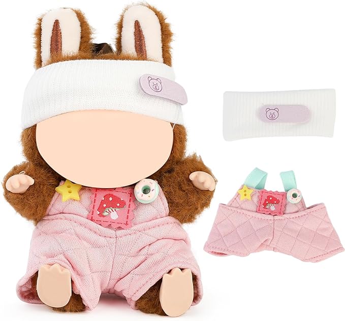 Doll Clothes for Labubu(NO Doll), for 17/15cm Plush Dolls, Clothing Suit Toy Figurine Outfit Set Dress Up with Kawaii Style Accessories, Multicolour Overall and Cute Hat or Headwear (LB105)