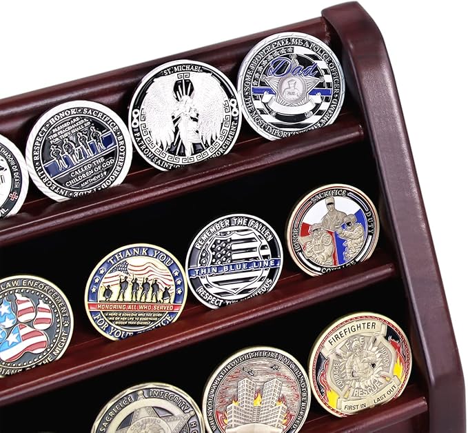 3 Rows Wooden Challenge Coin Wall Display Stand - Military Coin Holder Army Coins Rack, Holds 21-24 Coins, Mahogany