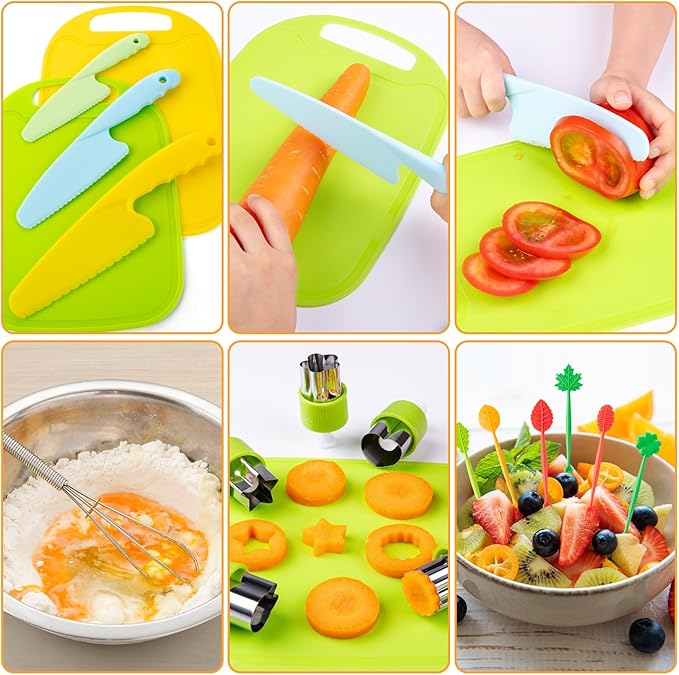 52 PCS Kids Cooking Sets, Montessori Pretend Play Kitchen Toys for Real Cooking Baking, Toddler Knife Set with Chef Hat & Apron, Kids Baking Set for Boys Girls Christmas Birthday Gift