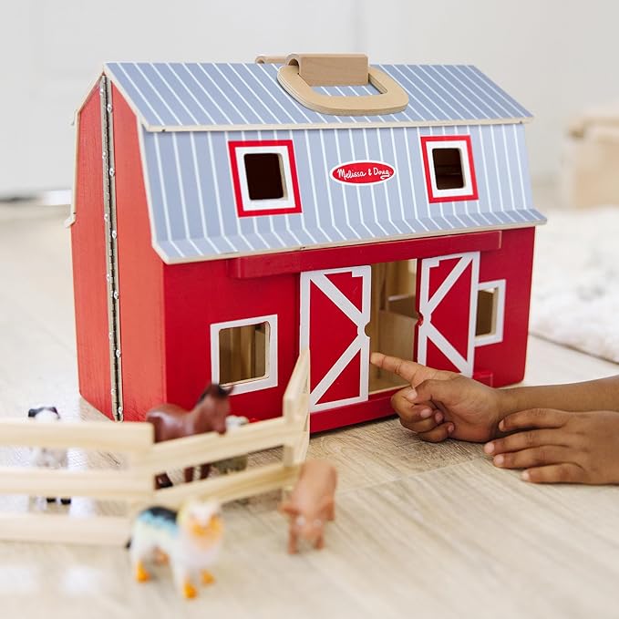 Melissa & Doug Fold and Go Wooden Barn with 7 Animal Play Figures - Farm Animals Barn Toy, Portable Toys, Farm Toys for Kids and Toddlers Ages 3+