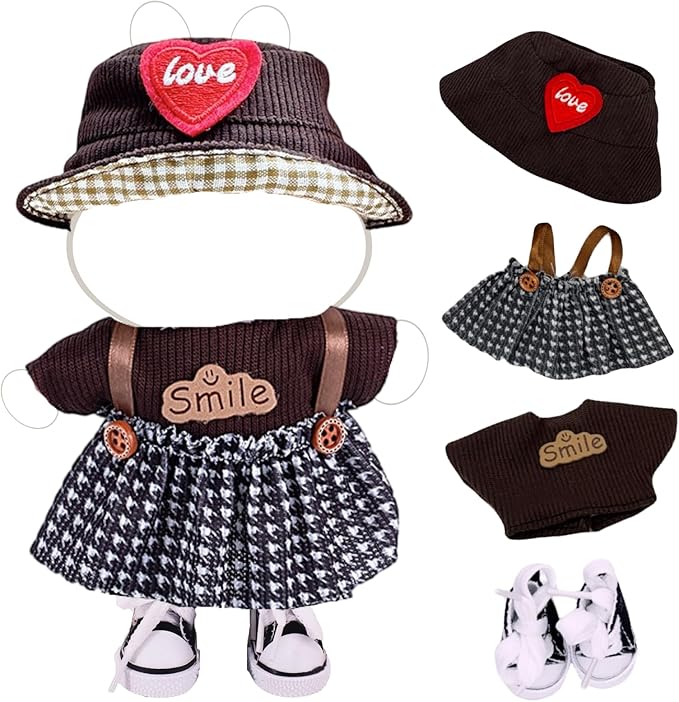 Clothes for 17cm Doll (Clothes Only) – 4-Piece Set with Brown Hat, T-Shirt, Dress, and Canvas Shoes for a Cute and Stylish Look – Fashion Handmade Accessories for 17cm Doll