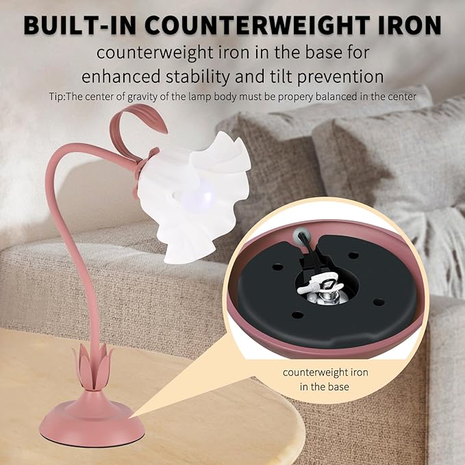 Cute Flower Desk Lamp, 3 Color Temperature Table Lamps with LED Bulb, Vintage Bedside Lamp, Reading Lamps with Soft Light for Bedroom, Living Room（Pink）