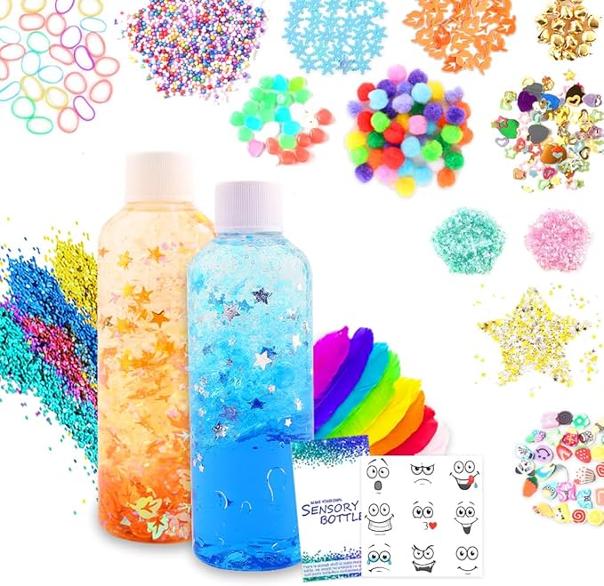 Sensory Bottles Kits Supplies Sensory Toys for Toddlers1-3, Calm Down Corner Supplies with Glitter,2 Fun Containers and Fun Stickers& More(L)