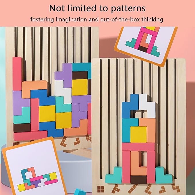 Montessori Brain Blocks, Colored 3D Wooden Russian Puzzle, Develops Logic & Spatial Reasoning, Wooden Stacking Puzzle Giant Board Game, Open-Ended Play Thinking for Boys and Girls (B)