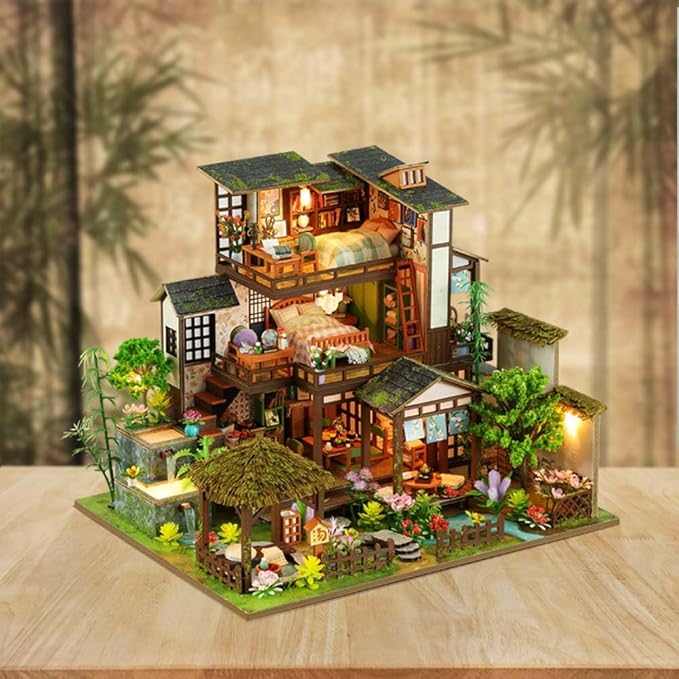 Miniature House Kit, Tiny House Kit with Light, DIY Mini House Building Kits for Adults to Building, Unique Gift for Birthday Christmas, Bamboo Spring Courtyard