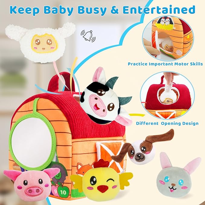 RedCrab Farm Animal Baby Toys for 6-12 Months, Soft Barn with 6PCS Stuffed Farm Animals, Rattle, Crinkle, Mirror, Sensory Toys for 6-12 Months, Montessori Toy Gift for Infants & Toddlers Birthday