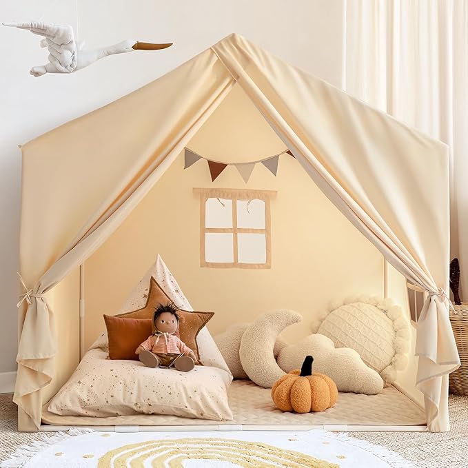 Kids Play Tent with Padded Mat, Large Kids Tent Indoor Play Cottage, Play House Playhouse Castle for Girls Boys