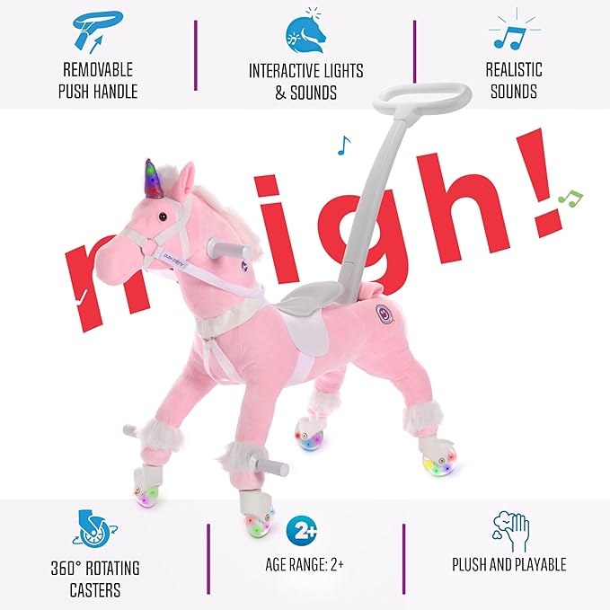 Power Pony Ride On Unicorn Riding Toy for 2+ Kids - Power Ponies Push Pull Kids Ride On Pony for Toddlers with A Removable Parent - Controlled Push Handle for Easy Rides, Pink, Grace