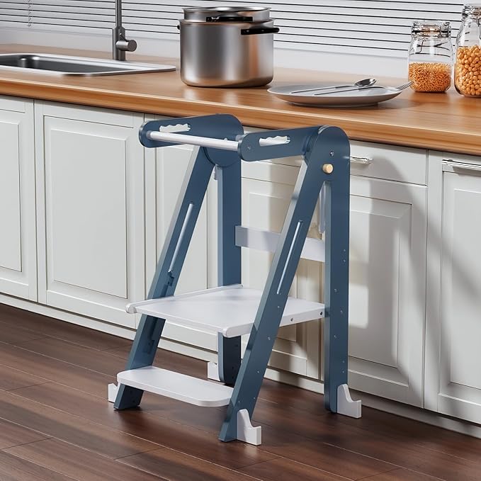 Kids Kitchen Step Stool, Foldable Toddler Tower, Height Adjustable Toddler Standing Tower with Safty Rail and Anti-Slip Device, Wooden Stool for 1.5-6 Years(Sky Blue-White)