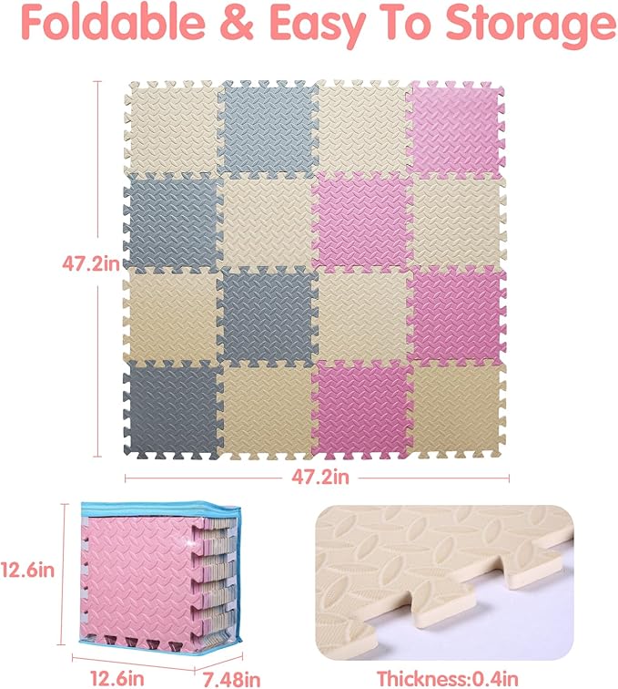 Foam Floor Mat, Solid Colored Play Mat, Non-Toxic Interlocking Foam Puzzle Floor Mats, 0.4" Thick Square Kids Playmat丨47x47 Play Mat for Playpen (Beige/Gray/Pink)