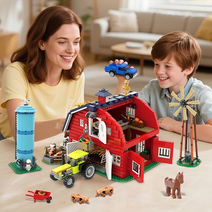 Western Farm Barn House Building Set with Lights, Newly Enhanced with Reinforced Structure, 1419 PCS Red Barn Building Toy with Animals Horse Tractor Windmill, Gift for Adults Boys Girls 10+